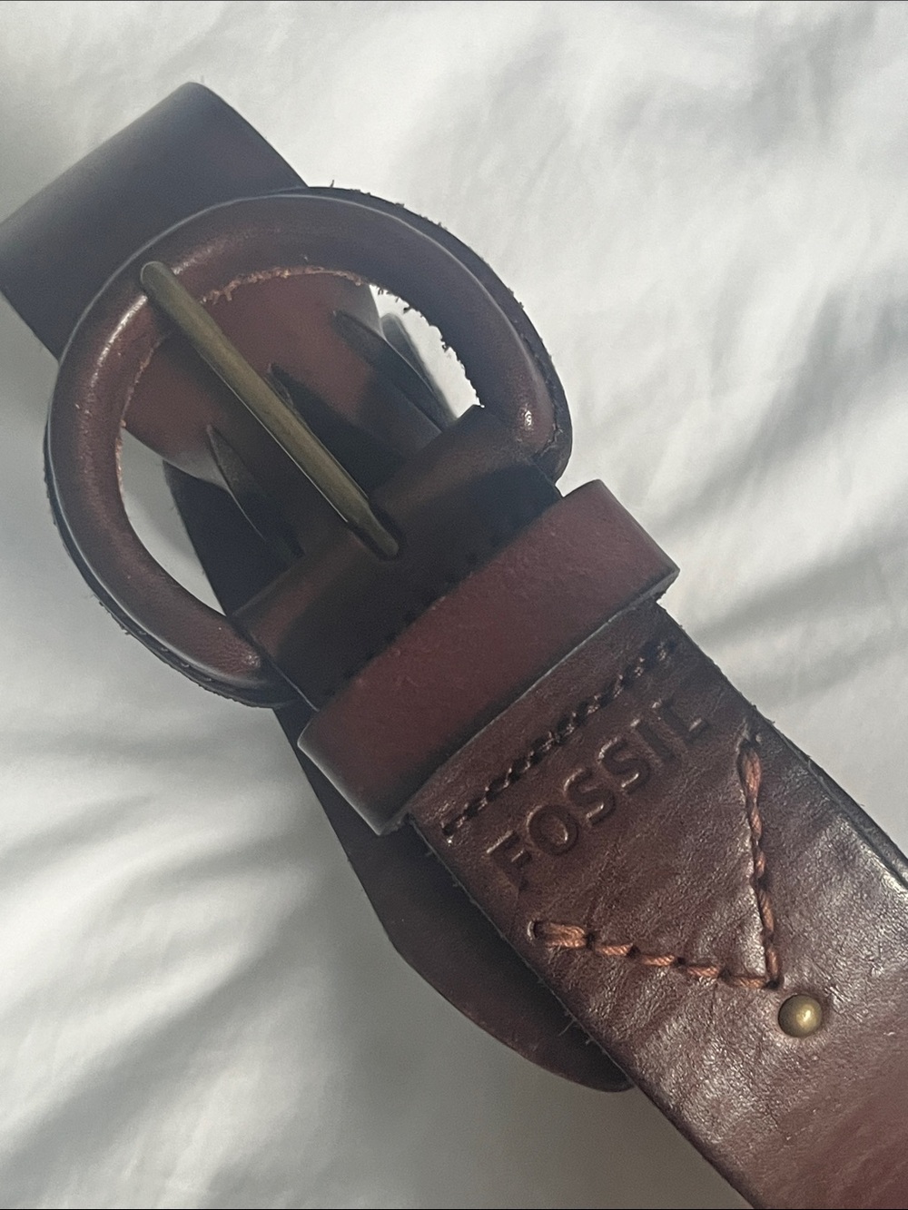 Fossil brown leather braided details belt gold colored buckle